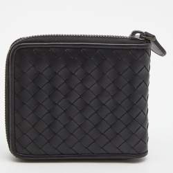 Bottega Veneta Black Intrecciato Leather Zip Around Compact Wallet