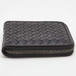 Bottega Veneta Black Intrecciato Leather Zip Around Compact Wallet