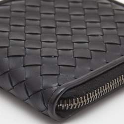 Bottega Veneta Black Intrecciato Leather Zip Around Compact Wallet