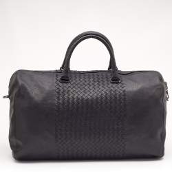 Pre Owned Bottega Veneta Black Intrecciato Leather Weekender Bag