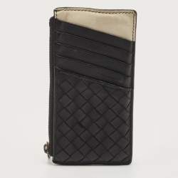 Bottega Veneta Black/White Intrecciato Leather Zip Card Holder