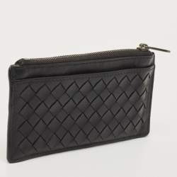 Bottega Veneta Black/White Intrecciato Leather Zip Card Holder