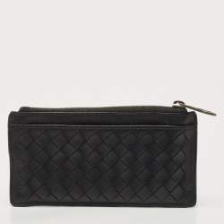 Bottega Veneta Black/White Intrecciato Leather Zip Card Holder