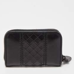 Bottega Veneta Black Intrecciato Leather Zip Coin Purse