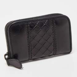 Bottega Veneta Black Intrecciato Leather Zip Coin Purse