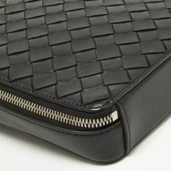 Pre Owned Bottega Veneta Black Intrecciato Leather Zip Messenger Bag