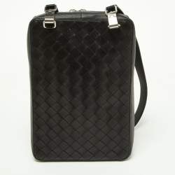 Pre Owned Bottega Veneta Black Intrecciato Leather Zip Messenger Bag