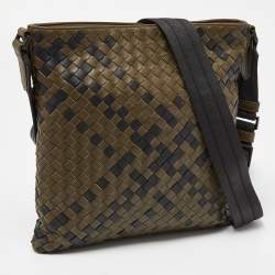 Pre Owned Bottega Veneta Olive Green/Black Intrecciato Leather Messenger Bag
