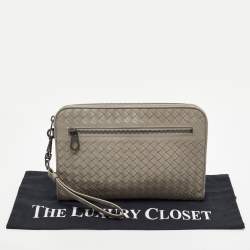 Bottega Veneta Grey Intrecciato Leather Wristlet Clutch 