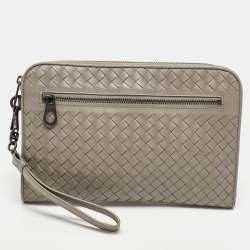 Bottega Veneta Grey Intrecciato Leather Wristlet Clutch 