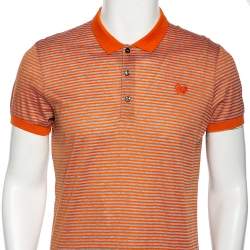 Pre Owned Bottega Veneta Orange & Grey Cotton Striped Polo T Shirt L
