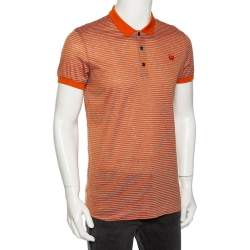 Pre Owned Bottega Veneta Orange & Grey Cotton Striped Polo T Shirt L