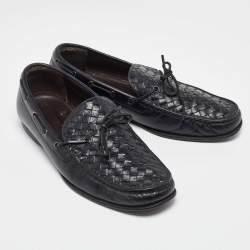 Pre Owned Bottega Veneta Black Intrecciato Leather Bow Slip on Loafers Size 42