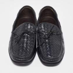 Pre Owned Bottega Veneta Black Intrecciato Leather Bow Slip on Loafers Size 42