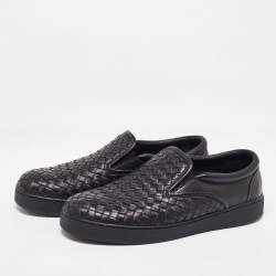 Pre Owned Bottega Veneta Black Intrecciato Leather Slip On Sneakers Size 42