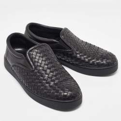 Pre Owned Bottega Veneta Black Intrecciato Leather Slip On Sneakers Size 42