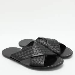 Pre Owned Bottega Veneta Black Intrecciato Leather Criss Cross Flat Slides Size 43