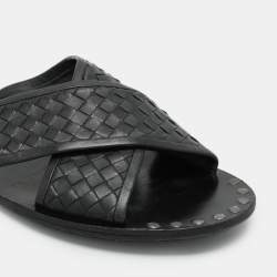 Pre Owned Bottega Veneta Black Intrecciato Leather Criss Cross Flat Slides Size 43