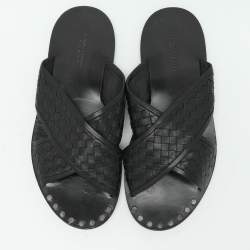 Pre Owned Bottega Veneta Black Intrecciato Leather Criss Cross Flat Slides Size 43