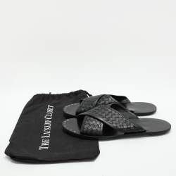 Pre Owned Bottega Veneta Black Intrecciato Leather Criss Cross Flat Slides Size 43