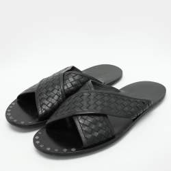 Pre Owned Bottega Veneta Black Intrecciato Leather Criss Cross Flat Slides Size 43