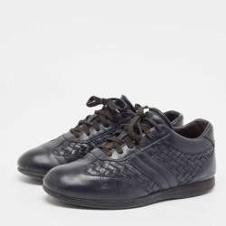Pre Owned Bottega Veneta Navy Blue Intrecciato Lace Up Sneakers Size 41