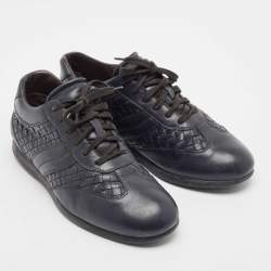 Pre Owned Bottega Veneta Navy Blue Intrecciato Lace Up Sneakers Size 41