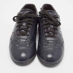 Pre Owned Bottega Veneta Navy Blue Intrecciato Lace Up Sneakers Size 41