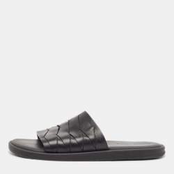 Bottega Veneta Black Leather Flat Slides Size 44