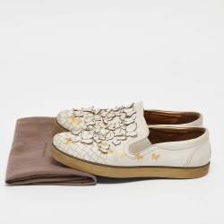 Bottega Veneta White Intrecciato Leather Butterfly Embellished Slip On Sneakers Size 39