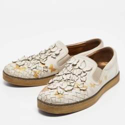 Bottega Veneta White Intrecciato Leather Butterfly Embellished Slip On Sneakers Size 39