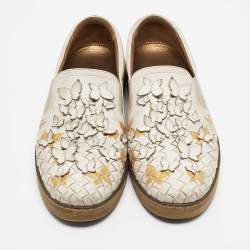 Bottega Veneta White Intrecciato Leather Butterfly Embellished Slip On Sneakers Size 39