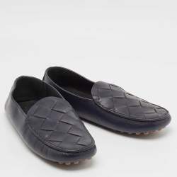 Pre Owned Bottega Veneta Navy Blue Intrecciato Leather Douglas Loafers Size 43.5