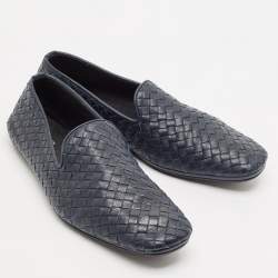 Pre Owned Bottega Veneta Navy Blue Intrecciato Leather Smoking Slippers Size 42