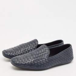 Pre Owned Bottega Veneta Navy Blue Intrecciato Leather Smoking Slippers Size 42
