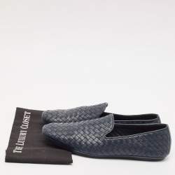 Pre Owned Bottega Veneta Navy Blue Intrecciato Leather Smoking Slippers Size 42