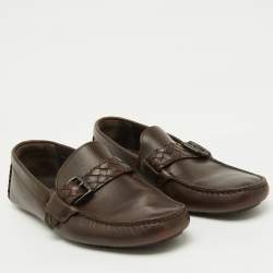 Bottega Veneta Dark Brown Leather Intrecciato Buckle Slip On Loafers Size 42