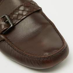 Bottega Veneta Dark Brown Leather Intrecciato Buckle Slip On Loafers Size 42