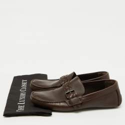 Bottega Veneta Dark Brown Leather Intrecciato Buckle Slip On Loafers Size 42