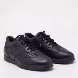 Bottega Veneta Navy Blue Intrecciato Lace Up Sneakers Size 45