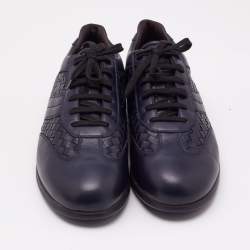 Bottega Veneta Navy Blue Intrecciato Lace Up Sneakers Size 45