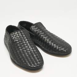 Pre Owned Bottega Veneta Black Intrecciato Leather Slip On Loafers Size 43