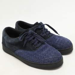 Bottega Veneta Two Tone Blue Suede Intrecciato Low Top Sneakers Size 43