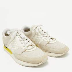 Bottega Veneta Cream/Grey Intrecciato Leather and Suede Lace Up Sneakers Size 42