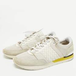 Bottega Veneta Cream/Grey Intrecciato Leather and Suede Lace Up Sneakers Size 42
