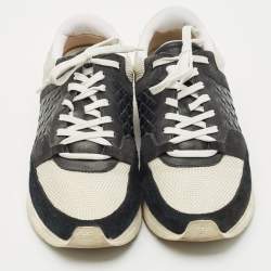 Bottega Veneta White/Black Intrecciato Leather and Suede Lace Up Sneakers Size 42