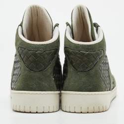 Pre Owned Bottega Veneta Olive Green Suede and Intrecciato Leather High Top Sneakers Size 42