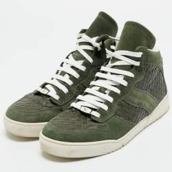 Pre Owned Bottega Veneta Olive Green Suede and Intrecciato Leather High Top Sneakers Size 42