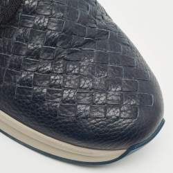Bottega Veneta Navy Blue Leather and Fabric Intrecciato Lace Up Sneakers Size 42
