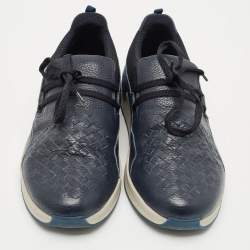 Bottega Veneta Navy Blue Leather and Fabric Intrecciato Lace Up Sneakers Size 42